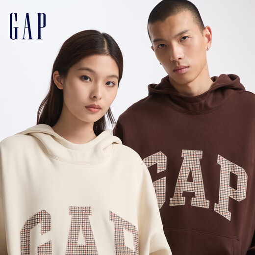 GAP men's and women's carbon soft-rubbed fleece plaid logo hooded sweatshirt top 609221 brown 170/92A (M) Asian size