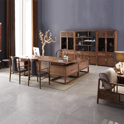 Qunru Chengyu (JEFUISML) new Chinese style solid wood office desk and chair, log boss desk, high-end office furniture, chairman executive desk, president desk, 2.0 meter office desk including side table