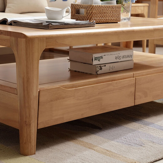 Nordic all solid wood coffee table living room small apartment simple modern home rectangular log tea table with drawers four-drawn walnut coffee table 120*60*45cm self-installation