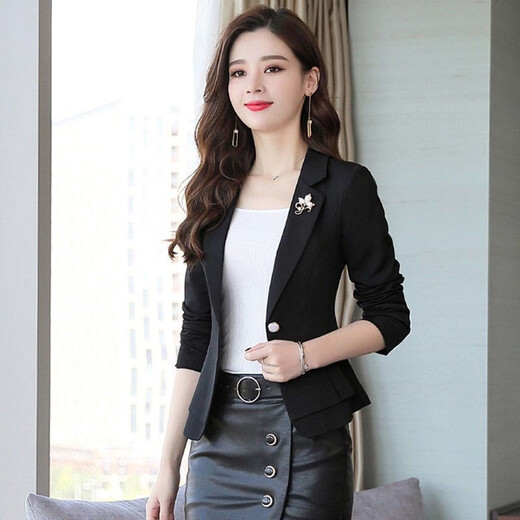 Woodpecker with skirt short small suit for women 2025 spring and autumn new slim waist professional suit small man jacket formal black L recommended 110-120 Jin Jin equals 0.5 kg