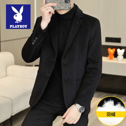 Двусторонний шерстяной костюм Playboy, мужской плотный осенне-зимний деловой повседневный теплый костюм на подкладке, шерстяная куртка, короткий стиль-SJ2312, черный, L 175