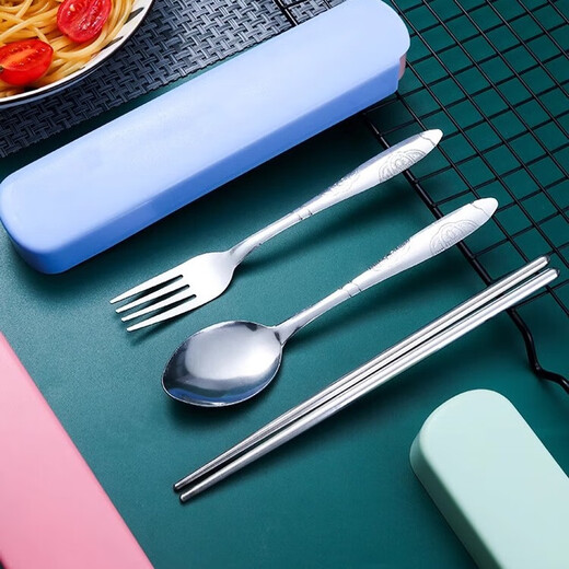Chopsticks spoon set student stainless steel portable tableware three-piece set children's fork single office worker storage box portable tableware random color 4-piece set