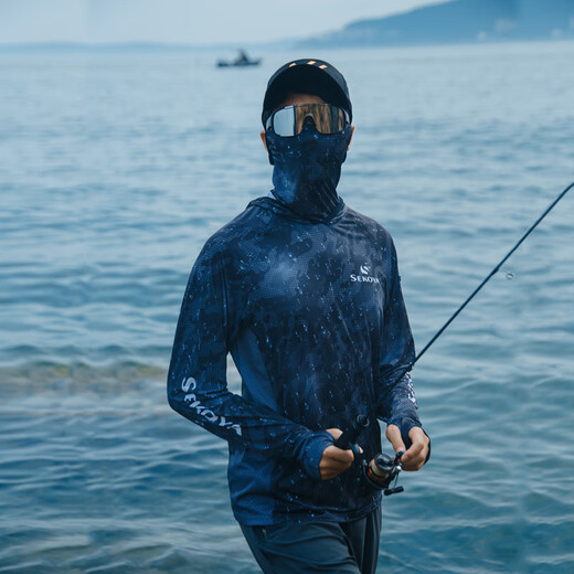 SEKOYA outdoor fishing sun protection clothing men's ice silk hooded summer thin breathable quick-drying sun protection clothing anti-UV fishing clothing black M