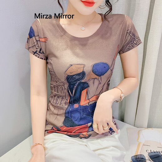 蜜莎蜜拉（Mirza Mirror）2024夏季新款欧货修身半袖上衣女洋气显瘦创意卡通印花短袖T恤潮 7029# S