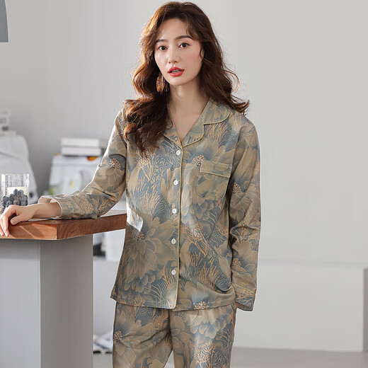 
Kuaishen pajamas for women pure cotton long-sleeved autumn cardigan large size loose middle-aged mothers can wear floral home clothes outside in spring and autumn 9215 M [150-160CM/90-110Jin [Jin equals 0.5 kg]]