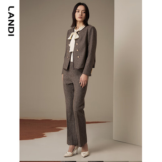 LANDI floral yarn retro high-end wool short suit jacket women's suit suit winter new product coffee floral yarn XL