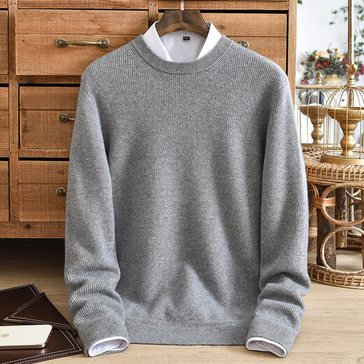 Ordos pink cashmere sweater men's round neck thickened men's youth solid color pullover pure cashmere sweater produced in Ordos city - white gray M 170