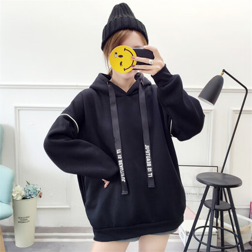 Langyue women's autumn and winter solid color hooded plus velvet sweatshirt women's Korean style loose bf style student top trendy LWWY198818 black one size/M