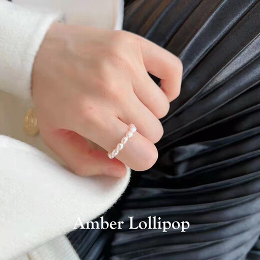 Amber Lollipop Wang Yuwen's same style millet bead ring women's pearl ring anniversary birthday gift for girlfriend and wife Pearl White (Freshwater Pearl)