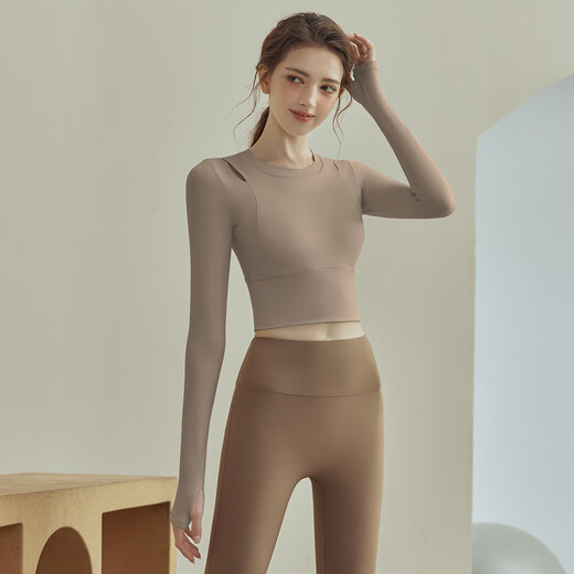 Jincheng yoga clothing suit for women spring and autumn 2025 new training Pilates fitness long-sleeved sports running top tights apricot long-sleeved + coffee yoga pants 33020 M 95-110Jin Jin equals 0.5 kg