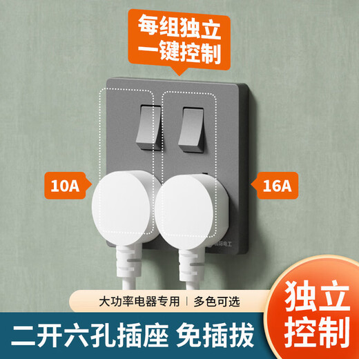 International electrician two-open six-hole socket concealed wall three-plug 86 type switch socket double three-hole household air-conditioning water heater socket two-open six-hole 10A white
