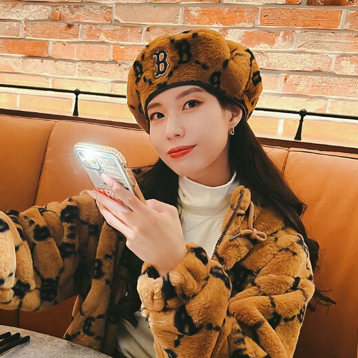 MLB beret men's and women's imitation lamb velvet presbyopia LOGO casual warm hat spring 3ACBMF126-43BGD Boston/dark beige S