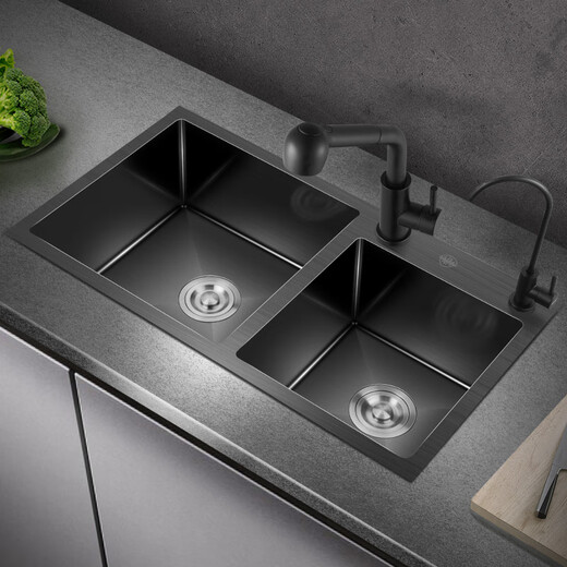 
PULT Black Kitchen Washing Basin 304 Stainless Steel Nano Sink Double Sink Vegetable Sink Hand-made Basin Dishing Basin Deluxe Full Set (with 6193 Faucet) 820x450
