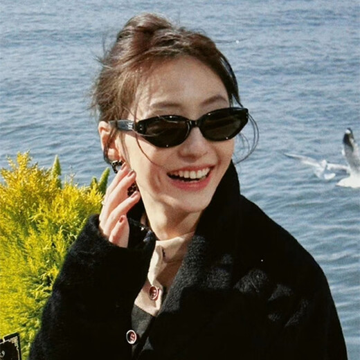 束町美式复古猫眼gm墨镜女士高级感潮开车旅游防晒小脸太阳眼镜男 亮黑色