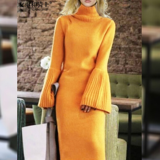 Witch and Knight Original Designer Women's Brand Turtleneck Sweater Dress Women's Mid-Length Autumn New Style Bell Sleeves Fashionable Slim Goddess Style Yellow S