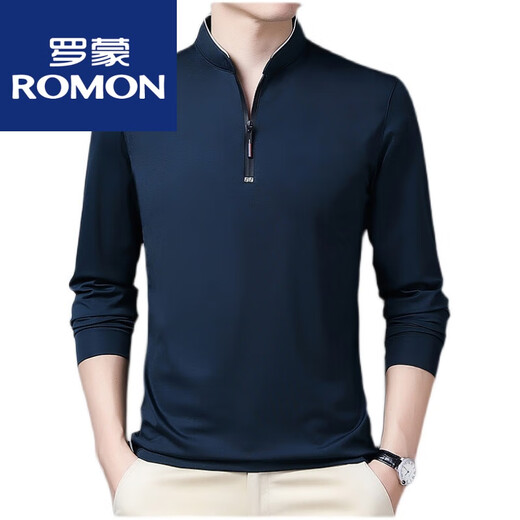 罗蒙（ROMON）棉长袖t恤男休闲薄款体恤上衣春秋季中年男装立领打底衫 加绒加厚6625宝兰 185/3XL建议170-190斤