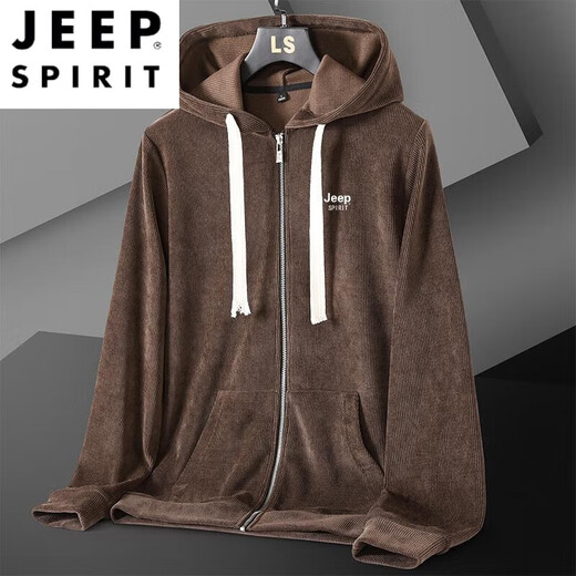JEEP SPIRIT Corduroy Men's Jacket Hooded Spring and Autumn Large Size Casual Versatile Cardigan Sweater Top Jacket 12099 Brown 5XL 200225Jin Jin is equal to 0.5 kg or so