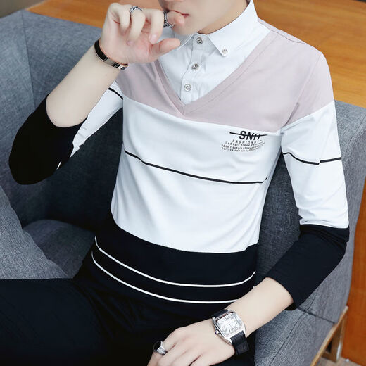 
Commander Bear lapel sweatshirt with velvet/no velvet spring and autumn collared long-sleeved T-shirt men's shirt collar fake two-piece base shirt youth velvet 6627 blue 11XL m recommended 90-110Jin [Jin equals 0.5 kg]