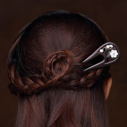 Shengxun handmade Xiu jade and sandalwood U-shaped hairpin hairpin pearl ancient style flower hairpin hairpin hair ornaments simple hair accessories pearl Xiuyu wood U-shaped hairpin
