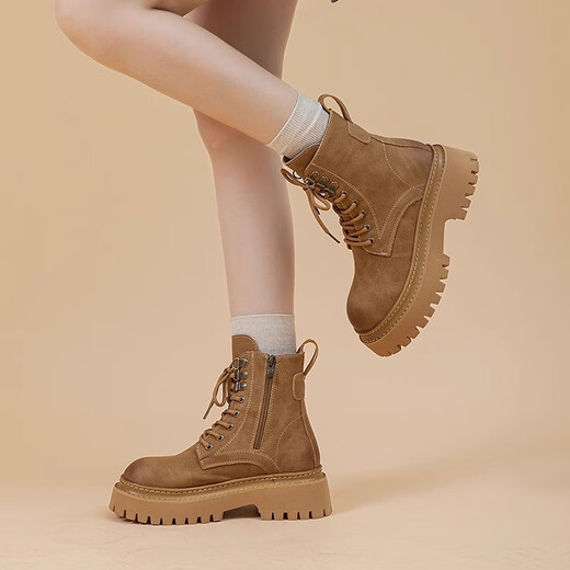 Aizunshi Martin Boots Frauen 2024 Herbst und Winter Neue Britisch -Style -Kurzleder Kurzstiefel Dicke Sohle Erhöhung Retro Motorrad Single Stiefel Brown 38