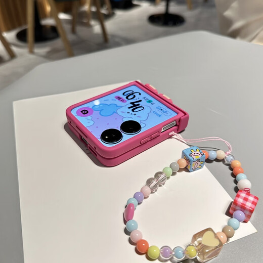 迅炫适用小米mixflip手机壳带挂绳新款铰链全包保护壳荣耀magicvflip折叠屏中轴腕带壳膜一体可爱保护 玫红耳朵+带手链【无钢化膜】 中轴全包 小米MIX Flip