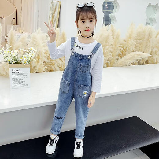 Disney (Disney) Girls Denim Overalls Set 2024 Spring and Autumn Girls Jeans Loose Girls Overalls Girls Pants White Embroidery T 110