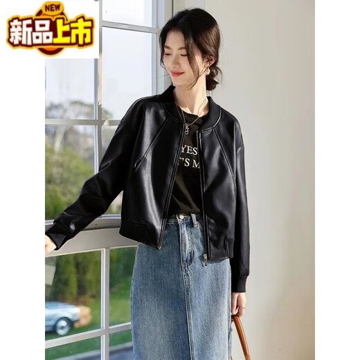 初径（CHUJING）美拉德小个子短款皮衣2024春秋新品气质机车棒球夹克皮衣休闲外套 黑色 收藏商品优先发货 M 95-105斤