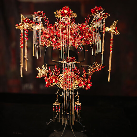 DR-FLVVS phoenix crown headdress Xiuhe step shake Chinese wedding dress Ming Dynasty Hanfu Xiapei bride dragon and phoenix gown diy handmade finished phoenix crown suit (ear clip)