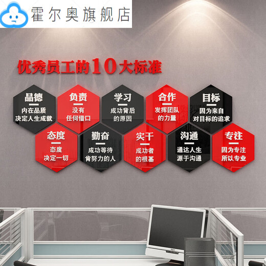 企业文化办公会议室墙面装饰背景公司激励志标语亚克力3d立体贴纸 4839-员工-黑色+大红+白色 特大
