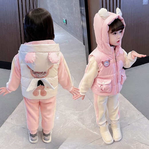 【三件套】乐芭鼠童装女童套装冬装加绒加厚儿童卫衣套装秋冬季婴幼儿女宝宝衣服1-8岁加厚外穿小童服装 粉色（白马甲+粉卫衣+粉裤子） 100码建议2-3岁 (身高90-100cm)