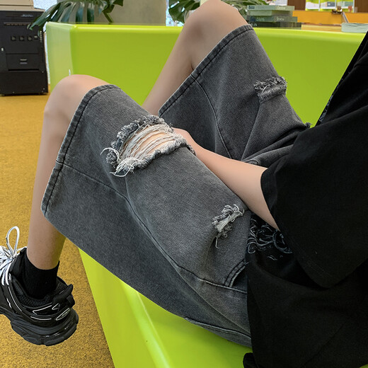 Shelley Jones zerrissen Denim Shorts Jungen Sommer neuer Stil INS Trendy Lose großer Fünf-Punkte-Casual Casual Mid-Hose K3525 Black XL