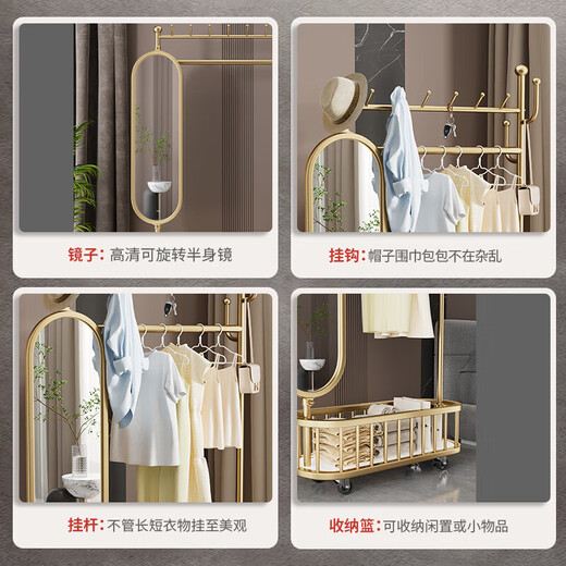 DSRAWMYT衣帽架 落地卧室多功能晾衣服带镜子移动加粗穿衣镜挂衣架一体