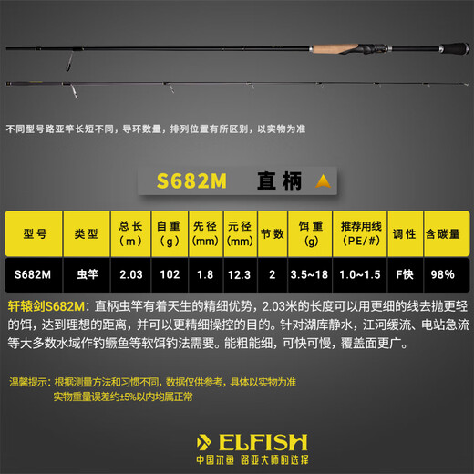 尔鱼轩辕剑路亚竿碳素虫竿泛用远投竿轻量鱼竿鳜鱼鲈鱼翘嘴 2.03米 虫竿-直柄S682M 轩辕剑路亚竿