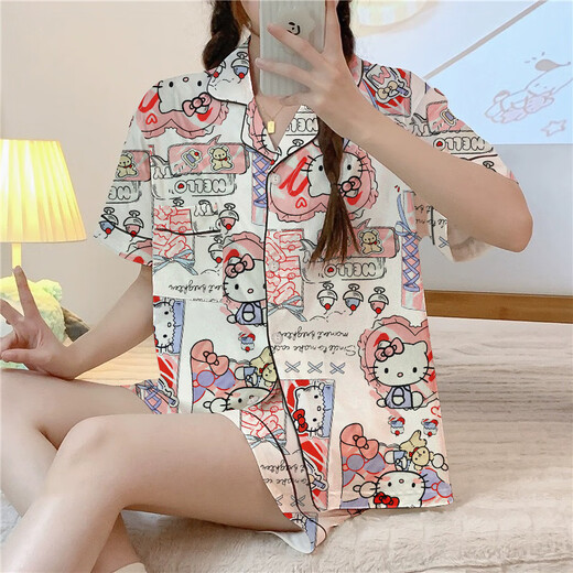 ins风三件套高颜值HelloKitty新款睡衣女款卡通春夏季家居服 套KK14108 XL【建议120-135斤】