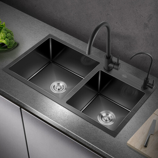 
PULT Black Kitchen Washing Basin 304 Stainless Steel Nano Sink Double Sink Vegetable Sink Hand-made Basin Dishing Basin Deluxe Full Set (with 6193 Faucet) 820x450
