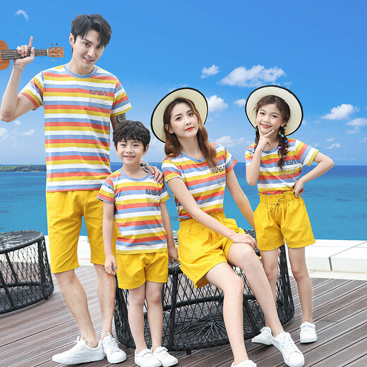 Bubble orange casual parent-child wear, family wear, short-sleeved T-shirt striped suit, mother, daughter, father and son, stylish family portrait of three or four, yellow striped suit/top + pants, baby boy size 90 (recommended height 75-85cm)