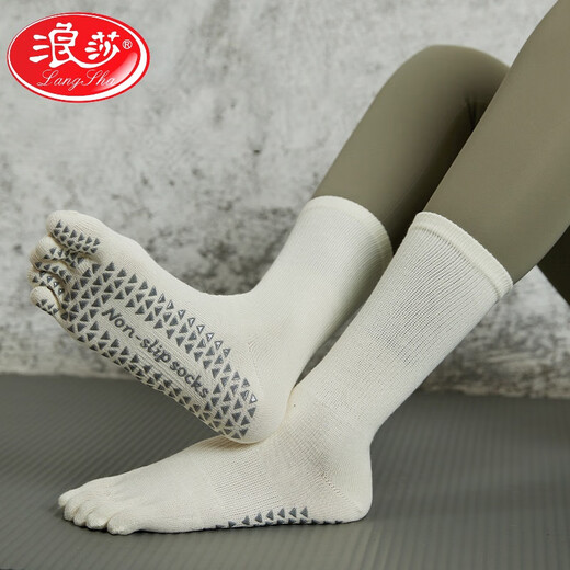 LangSha split-toe yoga socks, five-toe socks, Pilates socks, mid-length non-slip socks for women's autumn and winter indoor sports, milk white + light blue + light green, great value 3 pairs