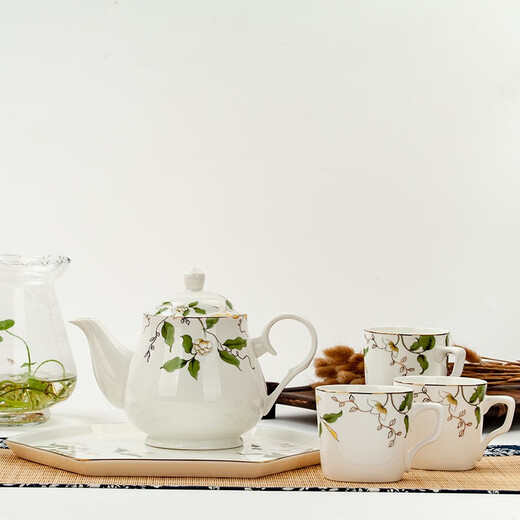 Jin Lan Jade Tangshan Bone China Water Set Home Simple Living Room Teapot Set Tea Set Flower Tea Cup Chinese Ceramic Water Set Champs-Elysées - Tray + Magnolia Pot + 6 Water Cups with Handles