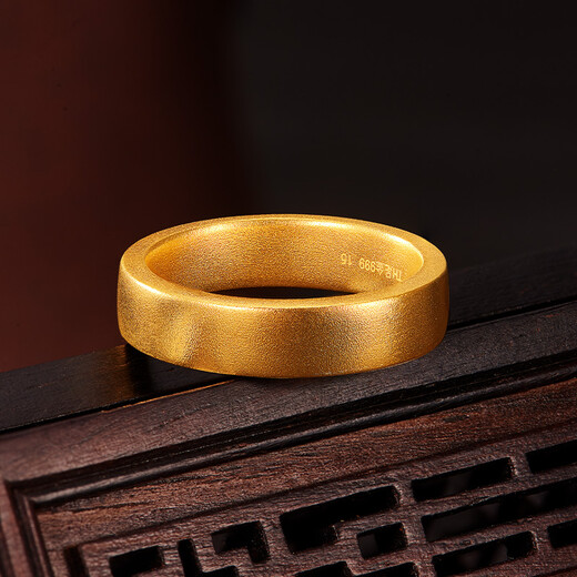 Kaifu Jewelry Gold Ring Ancient Method Wide Face Gold Pure Gold Au999 Solid Smooth Fuhui Male and Female Engagement Wedding Ring No. 19 Approximately 13.66 grams (actual weight)