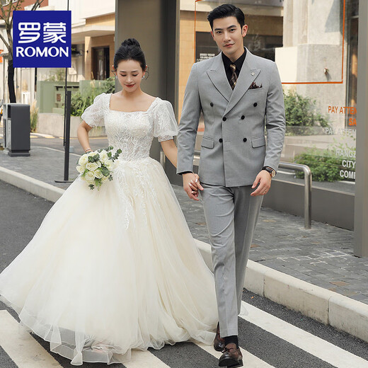 ROMON groom wedding formal suit men's suit dress British double-breasted solid color casual suit men's three-piece suit dark gray top + pants + white shirt 52/XL 120-135Jin Jin equals 0.5 kg to wear