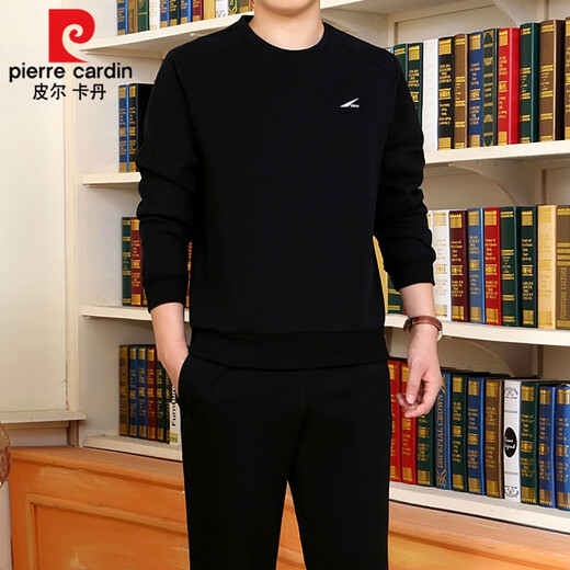 皮尔卡丹（臻贵尊享）圆领卫衣男士春秋冬季套头加厚加绒中老年运动套装爸 677黑色 3XL