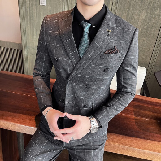 Jindan Spring and Autumn New Large Size Customized Suit Suit Men's Three-piece Slim Fit Korean Groom Wedding Dress Groomsmen's Clothes Plaid Small Suit Business Casual Formal Gray Plaid Double-breasted L Suit + Vest + Shirt + Pants