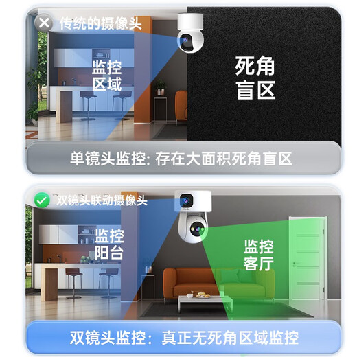 QIAO Eine Doppelkamera-Überwachung Wireless WiFi-Netzwerk Hochtaude Nachtsicht mit 360-Grad-Panorama-Gimbal-Rotation ohne toten Winkel Indoor Home Handy Remote Monitor Dual Objektiv Version 1080p 15-tägige Ganztages-Videoaufzeichnung