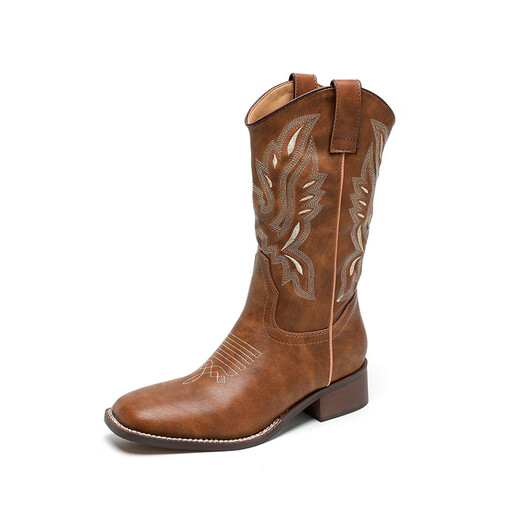 Yunshun Western Cowboy Boots Embroidered Knight Boots Retro Chelsea Martin Boots Long-Tube Maillard Boots Women's New Summer Cowboy Fish Mouth Embroidery Double Lift Button Brown 3.5cm 38
