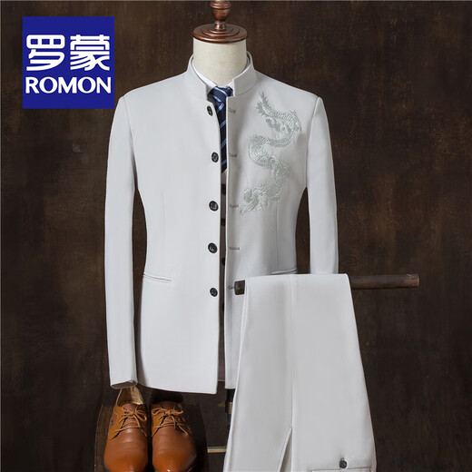 ROMON Chinese tunic suit for young men Chinese suit suit men Chinese stand collar casual jacket wedding dress two-piece trendy gray-TZ109 suit + pants XL 135Jin Jin equals 0.5 kg for inner wear