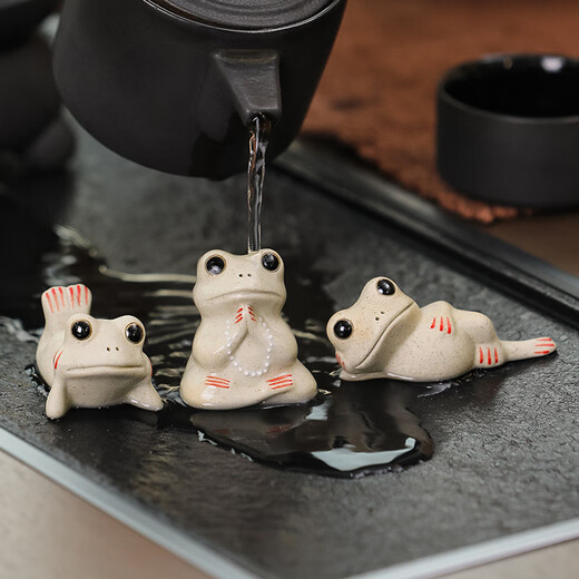 Qingbilin QBILY tea pet ornaments Zen Buddhist ceramic small frogs can raise small tea pets tea room tea table decoration tea ceremony accessories tea pet ornaments Xiaoyao frog + clay lotus leaf