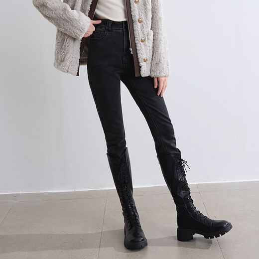 Betu women's new winter jeans brushed high waist slim pencil pants women 2410T87 dark gray M