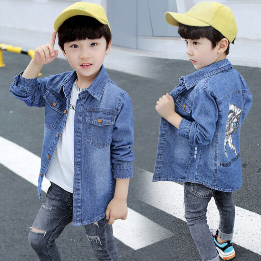 Boys' denim shirt long-sleeved medium and large children's shirt 2019 autumn new boys' bottoming shirt autumn clothing children's tops Western style medium and long Korean version 1902 astronaut 160 (recommended height 150cm)