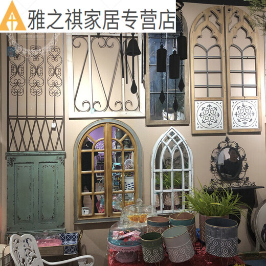 山头林村美式乡村复古铁艺假窗户欧式镜子壁挂窗镜墙饰餐厅户外民宿装饰 H682壁饰- 铁艺款F