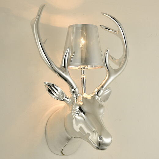 Shusheng European wall lamp indoor foyer Nordic retro industrial style deer antler lamp personalized creative living room aisle American antique deer head decoration B3036-electroplated silver